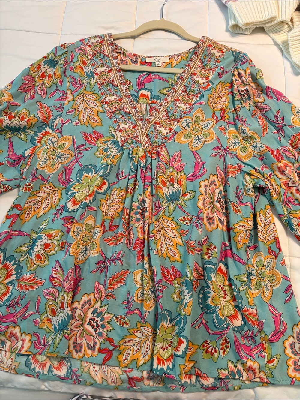 easel Teal Floral Embroidered V-Neck Tunic with Pink & Yellow Accents